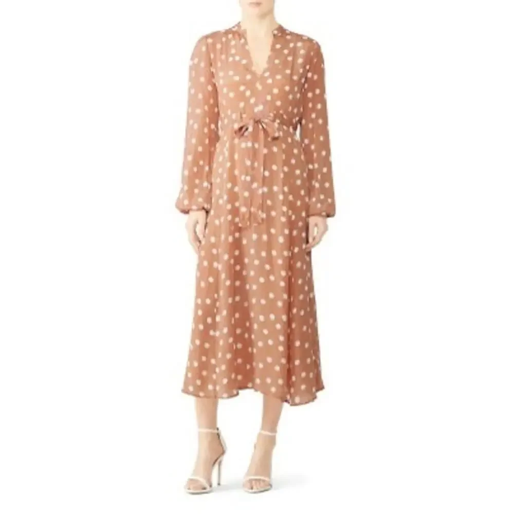 byTiMo Polka Dot Tan White Hourglass V-Neckline Long Sleeve Midi Dress Size S - Picture 2 of 13